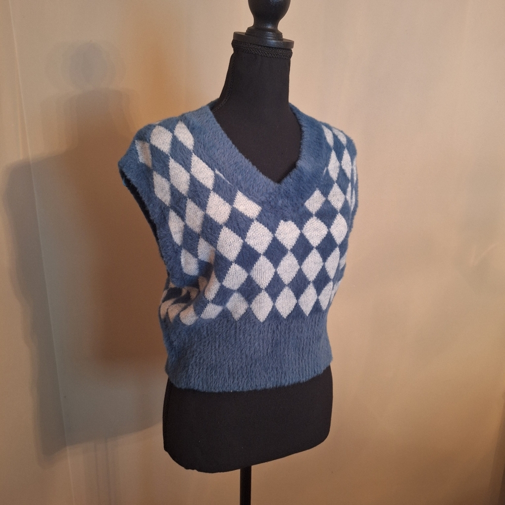 Sincerely Jules argyle preppy fuzzy sweater vest xs small med - Picture 6 of 16